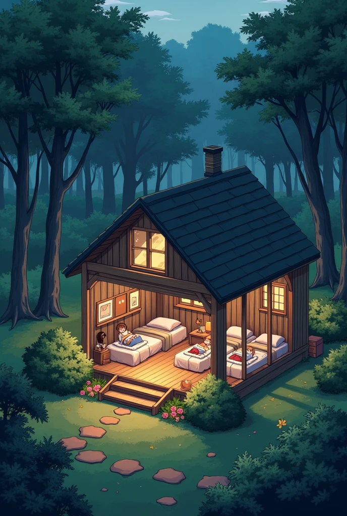 House in the woods full of high school girls in their night time clothes all sleeping in a big room with 6 beds
