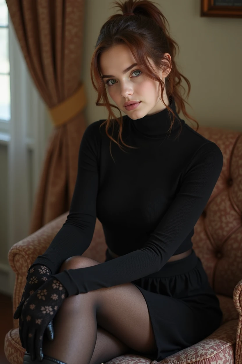 brown hair color、hair pulled back、ponytail、cute face、 she wears a turtleneck and a skirt.、black pantyhose、sitting on a chair、crossed legs、Wearing black lace gloves、wearing  boots、adult german woman、full body portrait、indoor.、