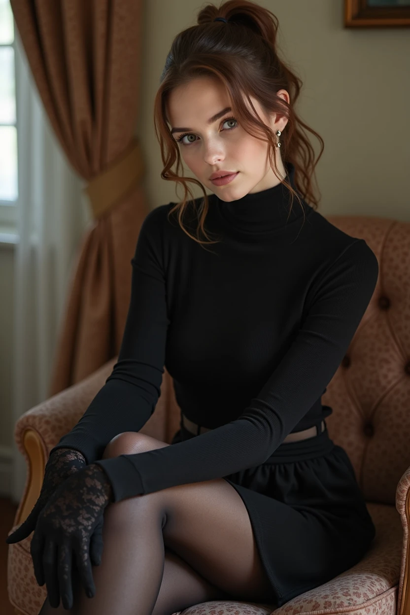 brown hair color、hair pulled back、ponytail、cute face、 she wears a turtleneck and a skirt.、black pantyhose、sitting on a chair、crossed legs、Wearing black lace gloves、wearing boots、adult german woman、full body portrait、indoor.、