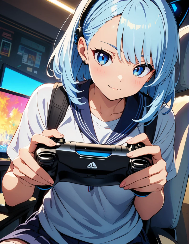 (anime artwork, anime style, studio anime, very detailed, up to date, vibrant, Anime Coloring, high contrast, masterpiece:1.2, best quality, best aesthetics),1 girl,light Blue hair,Mullet hairstyle,Best quality,light smile,{{gaming pc}}, {{gaming chair}}, holding_controller, foreshortening,(cat ear:1.5),ear phone, perfect anatomy,blue eyes,