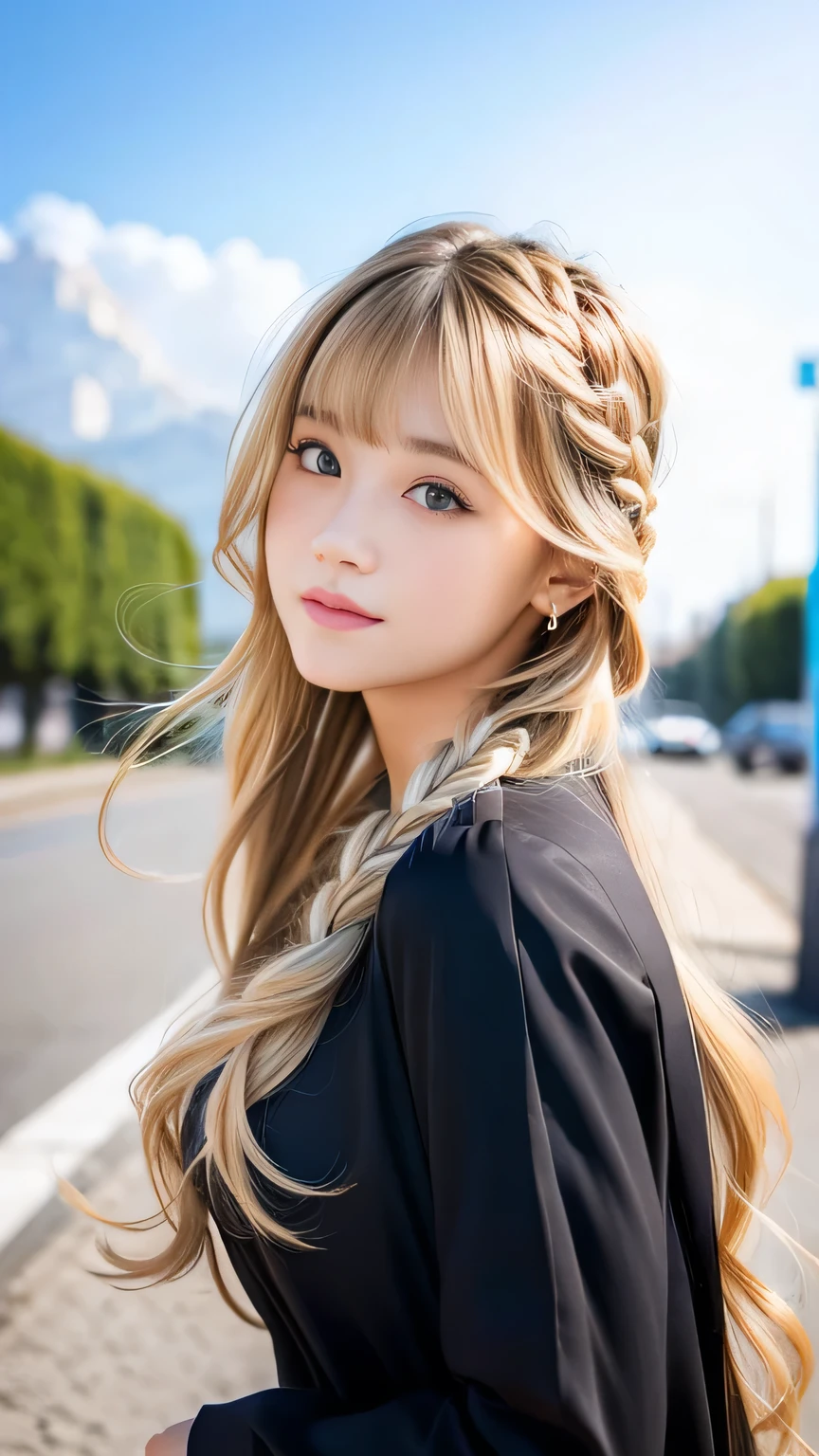 Sexy Big 、Sexy cute looks and cute 15 year old beautiful girl, beautiful and sexy face、A strong wind blows my hair in front of my face、beautiful long blonde French braided hair、beautiful, Cute and sexy eyes hidden behind long bangs