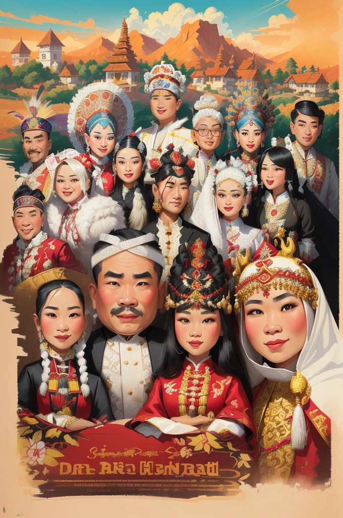 a poster of a group of people in traditional costumes, barong family, caricature illustration, potrait, caricature, by Abidin Dino, charactor, caricature style, full protrait, fantasy characture portrait, digital art cartoon, traditional art, digital ilustration, cartoon art, inspired by JoWOnder, portrait. high detail, ethnic group, protrait