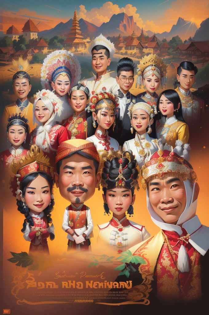 a poster of a group of people in traditional costumes, barong family, caricature illustration, potrait, caricature, by Abidin Dino, charactor, caricature style, full protrait, fantasy characture portrait, digital art cartoon, traditional art, digital ilustration, cartoon art, inspired by JoWOnder, portrait. high detail, ethnic group, protrait