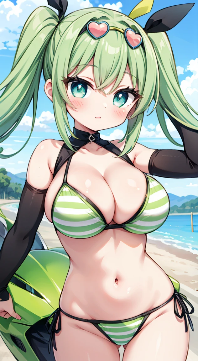 Side tie panties,,masterpiece, Highest quality, (anime screencap:1.3),(shape), cute,(Simple:1), (anime:1.2),Solo Sharp Focus, 1 girl, Cleavage,Looking at the audience, (Kawasaki ZX-10R,whole Motorcycle Limegreen),Are standing,,(Browsing Caution:1.2),Colorful Bikinis,Pastel Bikini,Beautiful Hair,Horizontal stripes,heart shaped pupils,Checkered bra, Checkered panties,(Vivid and detailed Tropical drink 1.1),cute eyes,Puffy eyes,Seductive pose,Shining Face,Large Breasts,Twin tail hair,heart shaped sunglasses on head,Hilarious