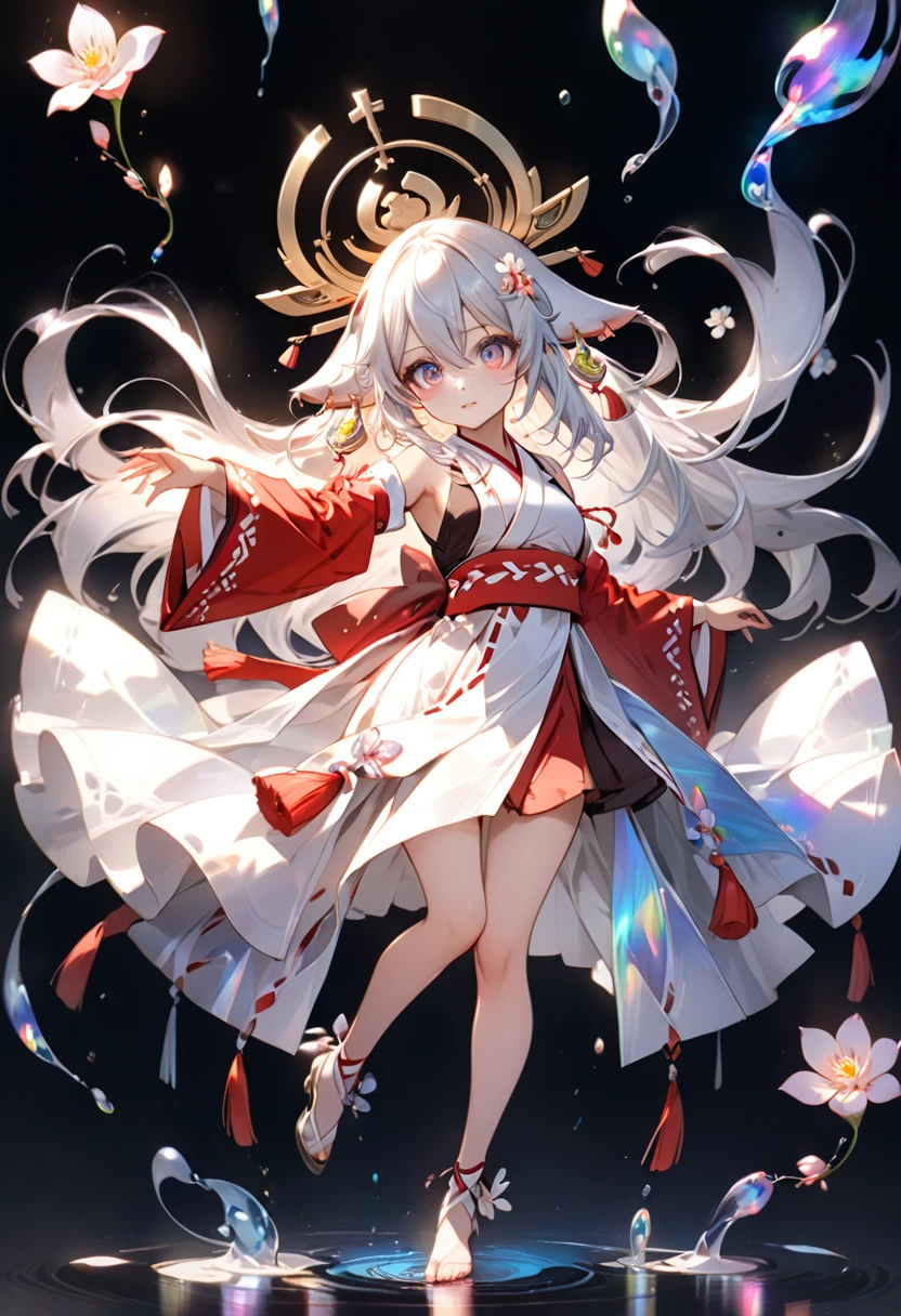 High definition、Miko costume、Half vermilion long silver hair、Full body portrait、beautiful girl、Long-hemmed outfit、Big iridescent eyes、Powerful eyes、Dancing Kagura Dance、Playing with spirits、Flowers sprout from beneath your feet