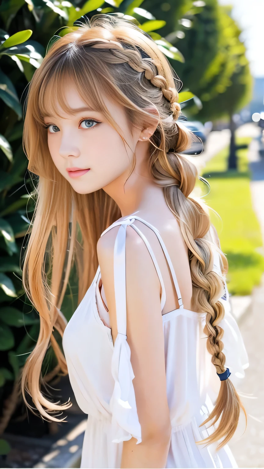 Sexy Big 、Sexy cute looks and cute beautiful girl, beautiful and sexy face、A strong wind blows my hair in front of my face、beautiful long blonde French braided hair、beautiful, Cute and sexy eyes hidden behind long bangs