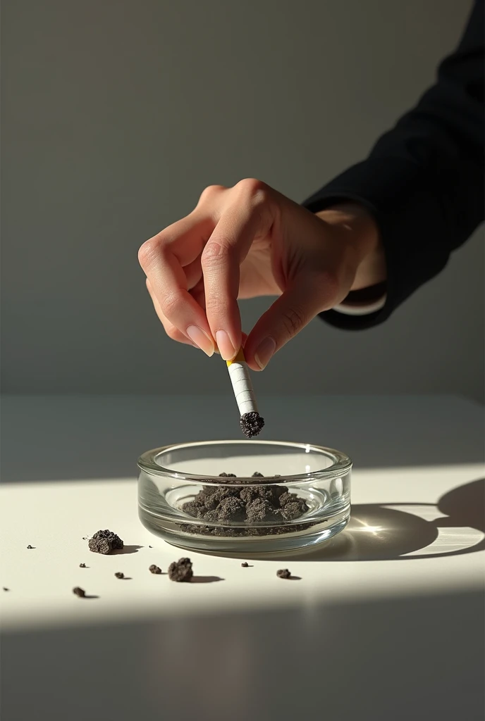 Hand leaving cigarrete ashes in an ashtray 