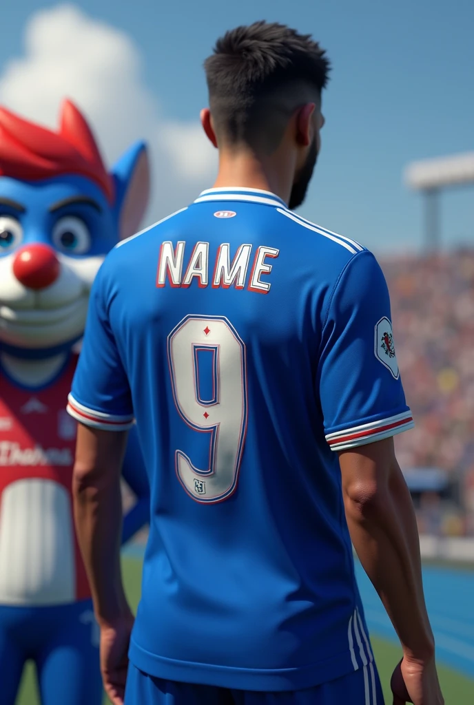 Predominantly blue shirt, with white details, like stripes on the sleeves.
With the blurred mascot in the background.
Add a number and the player's name. This is done on the back of the shirt, with a font that matches the team's style. Front of the blouse
