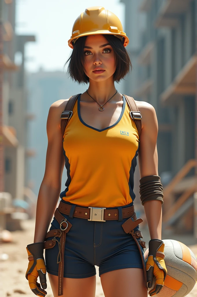 Female engineer dressed half in construction clothing and half in volleyball clothing