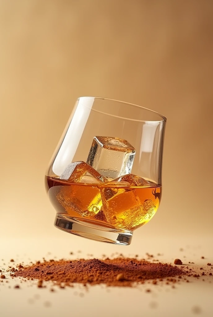 smaller short glass of wiskey with many cristal details and ice inside taking a realistic photo with beige background and in the air with a brown tobacco outside of the glass without fire