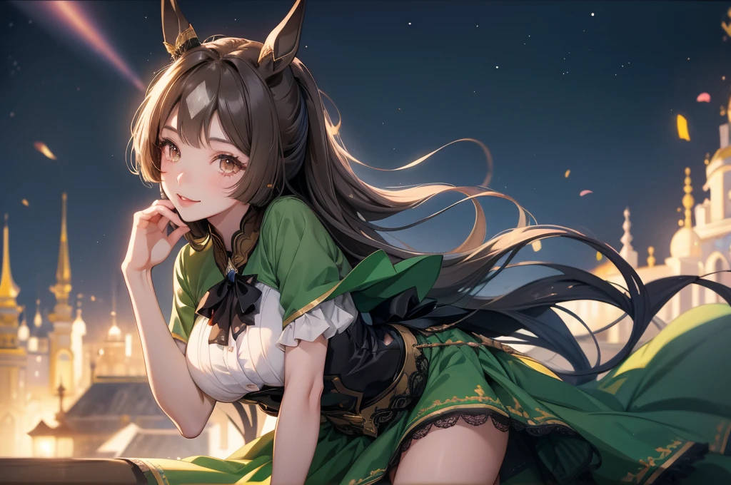 Long black hair in a high ponytail、Sexy dark green nurse、Beautiful breasts、Beautiful girl with horse ears against the backdrop of a night view。Smiling at the camera、Raise your hands above your head、Depicting the body from the knees up