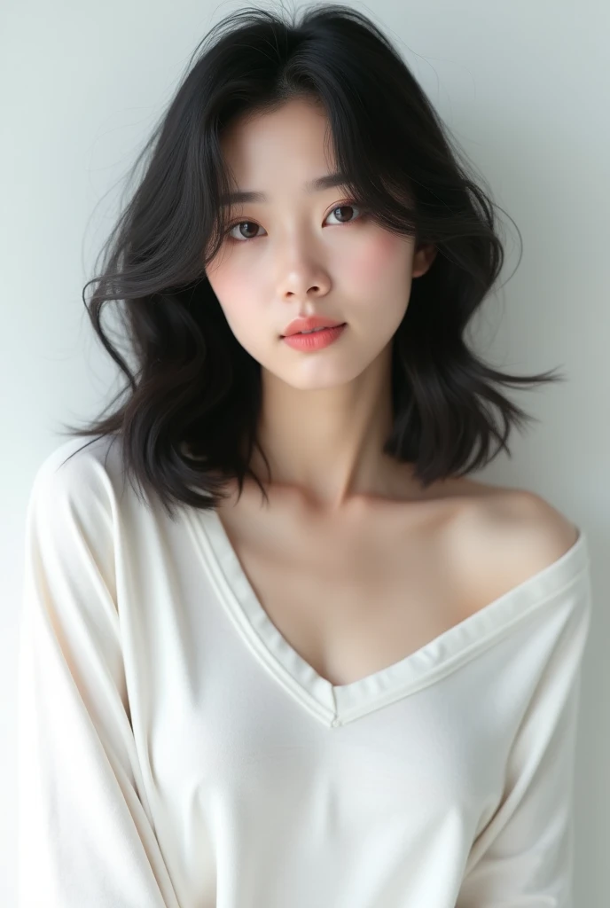 white undershirt, KOREAN, 8k, highest quallity、work of art、realisitic、super verbose、photo realisitic、hyperrealisitic、softer lighting、Improving the lighting quality of films、realisitic lighting, white background, white undershirt, jeans, garota KOREAN, Wavy hair