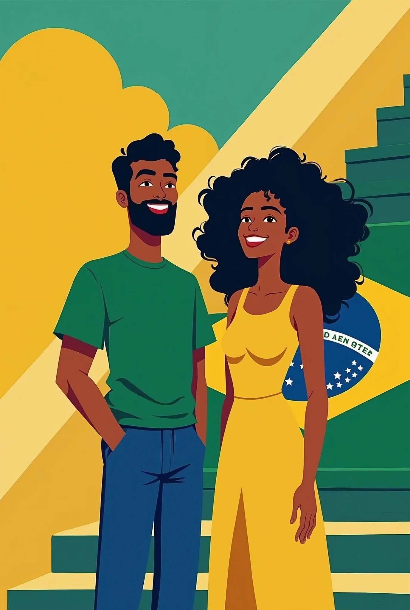 Create an illustration of two characters in a flat design style, standing in front of a large staircase that has the Brazilian flag painted on it. The characters should be diverse: one is a man with black hair and medium brown skin, and the other is a woman with dark skin and curly hair. Both characters are smiling and appear very happy.
Their outfits should incorporate the colors of the Brazilian flag, such as green, yellow, and blue. The man could be wearing a green shirt with blue pants, and the woman could be in a yellow dress with green accents. The background should feature a vibrant, solid color that complements the scene, emphasizing the joyful and celebratory mood. The overall composition should convey a sense of pride and happiness, with the characters standing confidently on or near the staircase, their expressions full of excitement