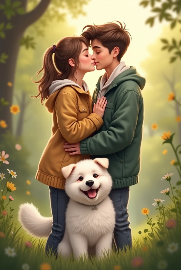 Young couple in love kissing and a white fluffy dog below them, cheered up