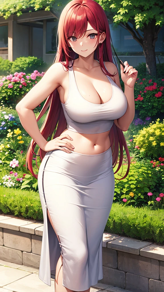 masterpiece, best quality, high detail, beautiful woman, long hair, straight hair, red hair, cleavage, white tank top cropped, black maxi pencil skirt, long black pencil skirt, midriff, belly button, upper body, wide hips, sneakers, looking at viewer, light smile, garden, backyard,