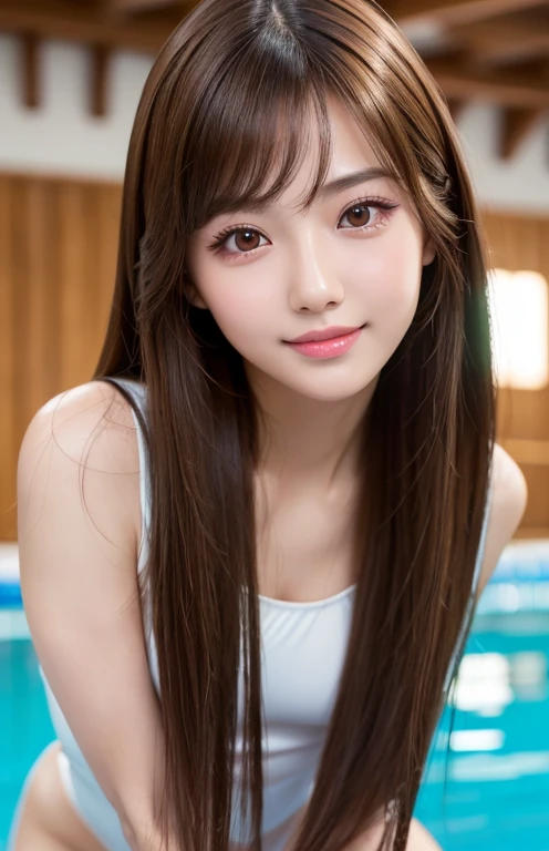Latex bodysuit、Knee-high boots、Huge 、Long brown hair、Shiny, Oily skin、Glowing Skin、Indoor competition pool、White skin、(RAW Photos), (Realistic), (masterpiece), (Highest quality), High resolution, 8k resolution, (Intricate details), (Lightweight and voluminous), Portraiture, woman, Medium Hair, Straight hair, Layered Hair, Brown Hair, Highly detailed eye, Very thin eyebrows, Highly detailed skin, Highly detailed mouth, Highly detailed nose, Cute like an idol, smile, ((Thick lips)), ((look into the viewer'eye)), (Shapely breasts), (Cleavage), , (Westshot), Bright cafe terrace background with city view, Randomly oriented bodies