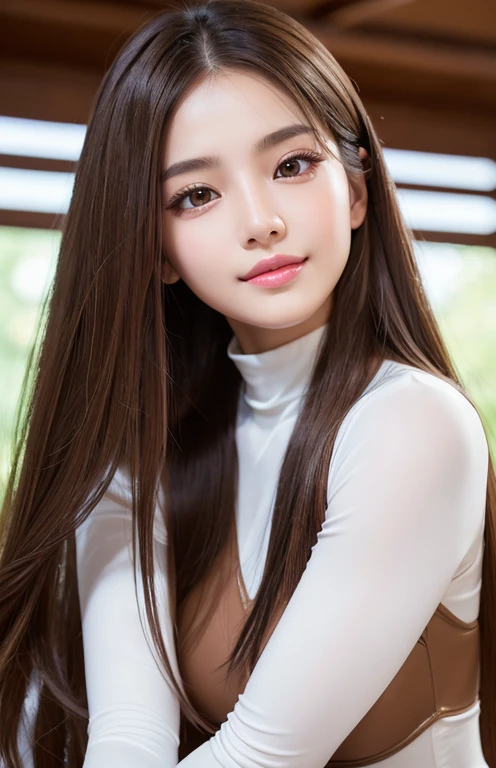 Latex bodysuit、Knee-high boots、Huge 、Long brown hair、Shiny, Oily skin、Glowing Skin、Indoor competition pool、White skin、(RAW Photos), (Realistic), (masterpiece), (Highest quality), High resolution, 8k resolution, (Intricate details), (Lightweight and voluminous), Portraiture, woman, Medium Hair, Straight hair, Layered Hair, Brown Hair, Highly detailed eye, Very thin eyebrows, Highly detailed skin, Highly detailed mouth, Highly detailed nose, Cute like an idol, smile, ((Thick lips)), ((look into the viewer'eye)), (Shapely breasts), (Cleavage), , (Westshot), Bright cafe terrace background with city view, Randomly oriented bodies