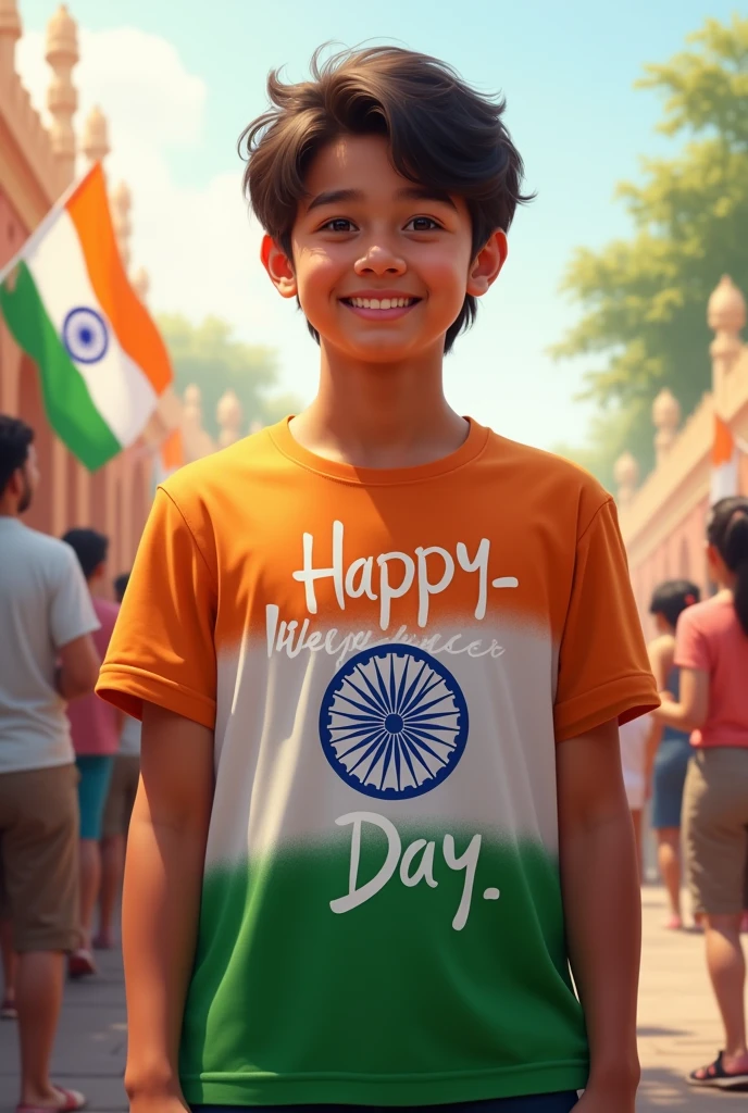 Happy independence day writing in t-shirt in Indian flag colour t-shirt 