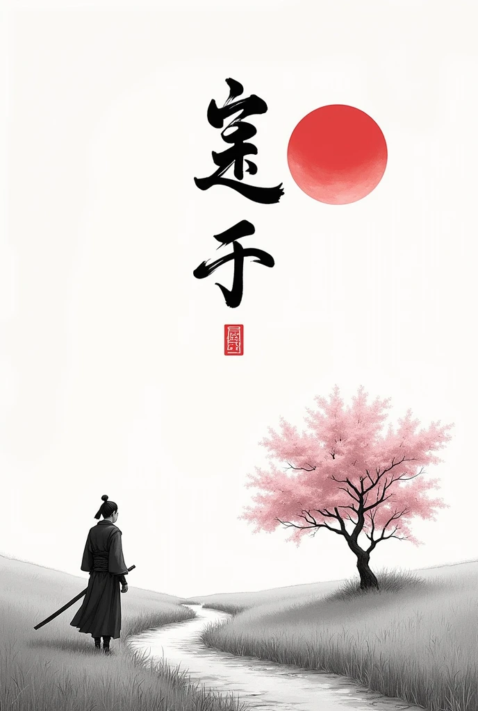 black and white drawing in Japanese style, Samurai in the distance (man, adult person) walking along a path through a field, a single pink cherry blossom tree nearby, Red moon in the sky, The picture above shows a Japanese kanji "quiet". Everything is harmonious around