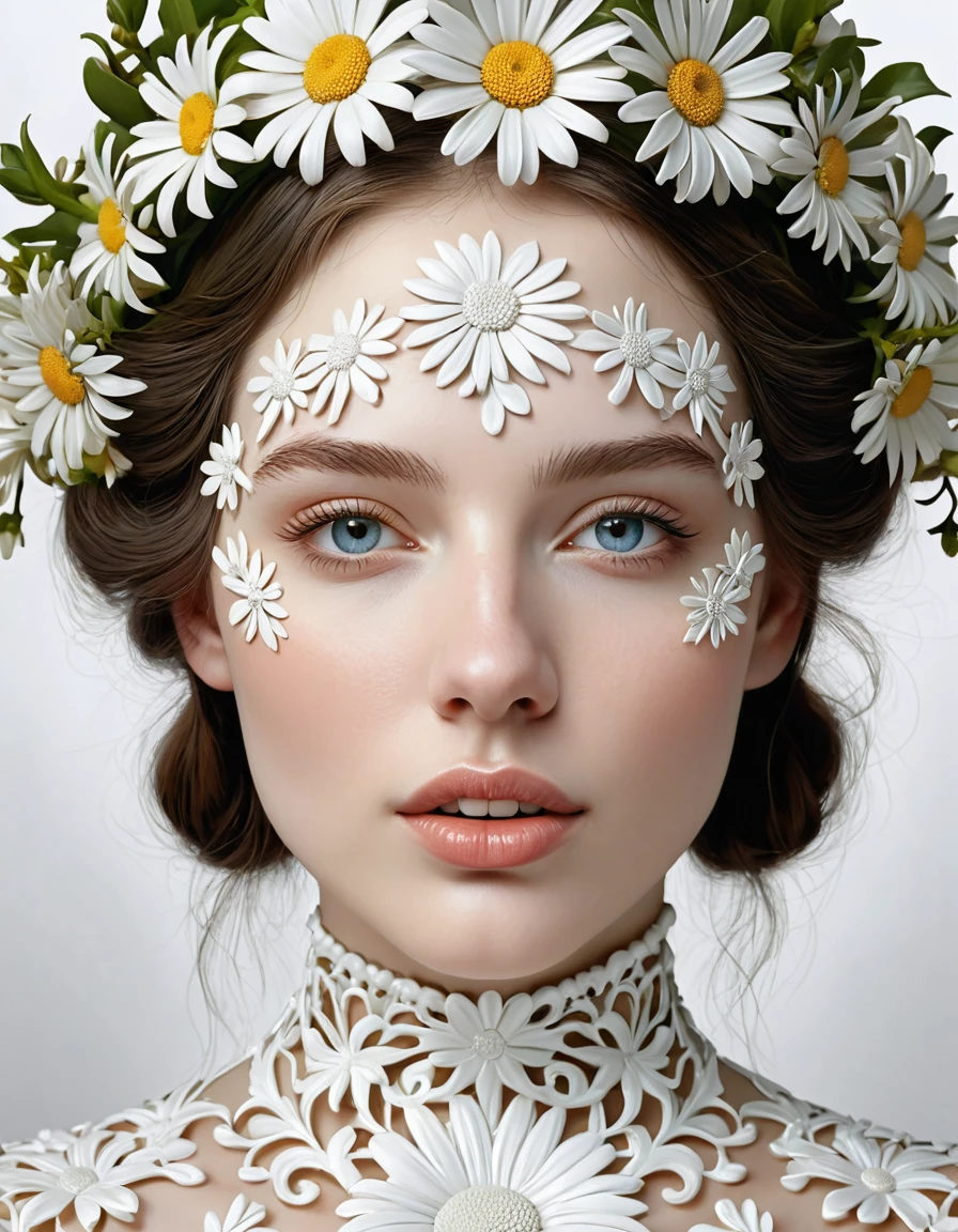 a close up of a woman with flowers on her head, beautiful digital art, beautiful digitalwork art, porcelain white skin, beautiful face, young skin, mouth with semi-open upper arch, orthodontic braces, perfect face, beautiful and perfect digital art with details, white plaster daisies, emboss, hyperrealistic Art Nouveau, incredible details, Exquisite digital illustration, complex digital art, detailed digital 3d art