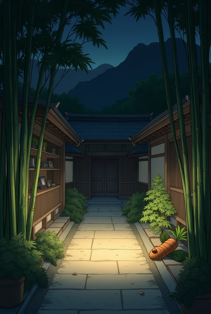 Create a background inside a Japanese temple that is outside at night and has bamboo ,Carrots,shelves and low lights