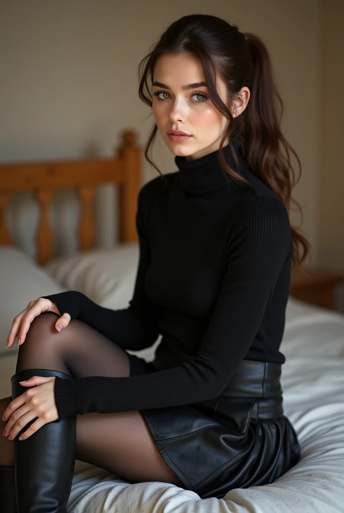 photography of a 20yo woman, perfect face, masterpiece, same face, black_pullover, stockings, cozy living room, seductive, model pose, scarf.