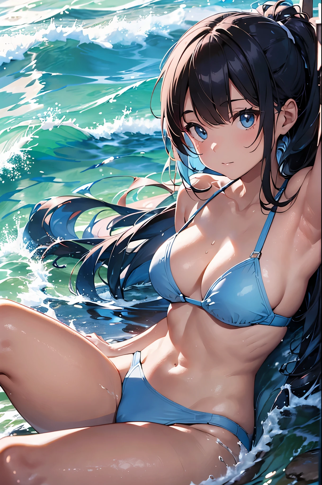 4K,8k,High resolution,topless、
One beautiful young woman,Light blue hair、ponytail、Blue swimsuit、
(Soft Saturation:1.3), (Fair skin:1.2),
(ultra-Detailed Background, Detailed Background), Bokeh,
break&#39;Smiling portrait.,
When viewed from the front, The composition is symmetrical,
Looking straight at you with serious eyes,
break Swimwear, White Bikini, Center of chest, 
Outdoor, Sea surface, null, sunlight,Summer beach, Sandy Beach,
Strong light, Front lighting, 
(Teen:1.3), (Cowboy Shot:1.2),
Front brake angle,
View your viewers,
Dynamic pose,
sitting on the beach

Seaweed、Seaweed、Seaweed、Seaweed、Seaweed、Seaweed、Seaweed、