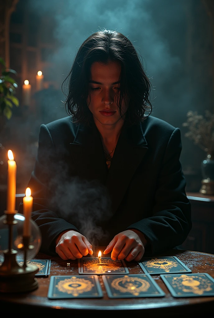 (work of art, high resolution:1.3), (photo of male teenager with long dark hair in dark and mysterious environment:1.2), (Sony Alpha 1 Camera, Known for capturing exceptional detail and low-light performance:1.2), (paired with the Sony FE 24-70mm f/2.8 GM lens for versatile and sharp composition:1.2), ( surrounded by an aura of mystery and intrigue:1.1), (Your light, esoteric clothing and enigmatic expression contribute to the atmosphere.:1.1), (Sony Alpha 1 Camera capturing the intricate textures and subtle shades in the low-light setting:1.2), (a table adorned with tarot cards, spread out in a mystical formation:1.1), (flickering candles, casting dancing shadows across the room:1.1), (the low lighting increases the atmosphere of secrecy and mysticism:1.1), (eyes focused on the cards, as if seeking answers from the unknown:1.1), (a crystal ball nearby, adding to the mystical scenery:1.1), (symbols of astrology and esoteric knowledge decorating the room:1.1), (a hint of incense in the air, adding to the sensory experience:1.1), (A moment frozen in time, capturing the intense and introspective atmosphere of divination:1.1), (an image that invites viewers into a world of magic and spiritual insight, leaving them intrigued and curious:1.1), cinematic, 超detailded, insane details, beautifully color-graded, engine unreal, DOF, Super-resolution, Megapixels, cinematic lightning, Anti-aliasing, FKA, THAI, RTX, SSAO, Post-processing, post production, Tone-mapping, CGI, Visual effects, sound effects, Insanely detailed and intricate, Hyper maximalist, hiper-realisitic, Volumetric, fotorrealisitic, ultra photoreal, ultra detali, details Intricate, 8k, super verbose, full color, Volumetric lightning, HDR, realisitic, engine unreal, 16K, sharp focus, octane render INFO Size 1152X1536 Date Oct 7, 2023 Modo SeaArt 2.1 Tipo upscale Checkpoint & it

