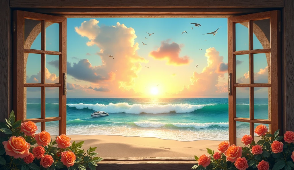 window, flower, sand, sea, sun, cloud, sky, beautifull, landscape, ship, wave, birds, panorama, cinematic, shine, awesome