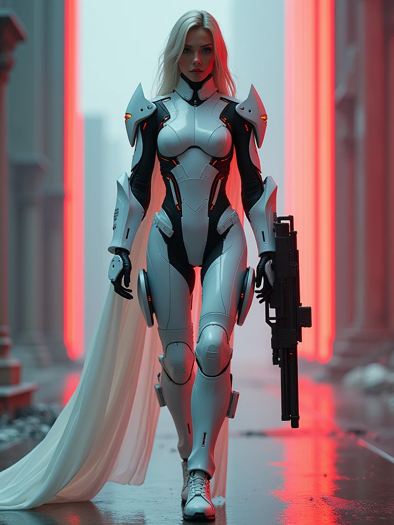 beautiful woman in a matte white cyber military uniform with red neon lights, with large armament, random environment