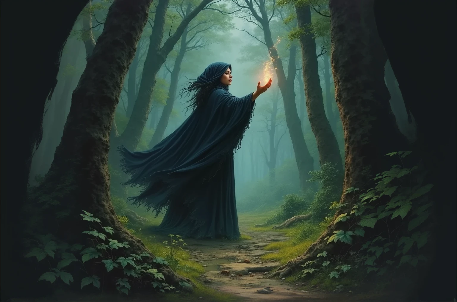 A dense forest, (dark fantasy painting style)