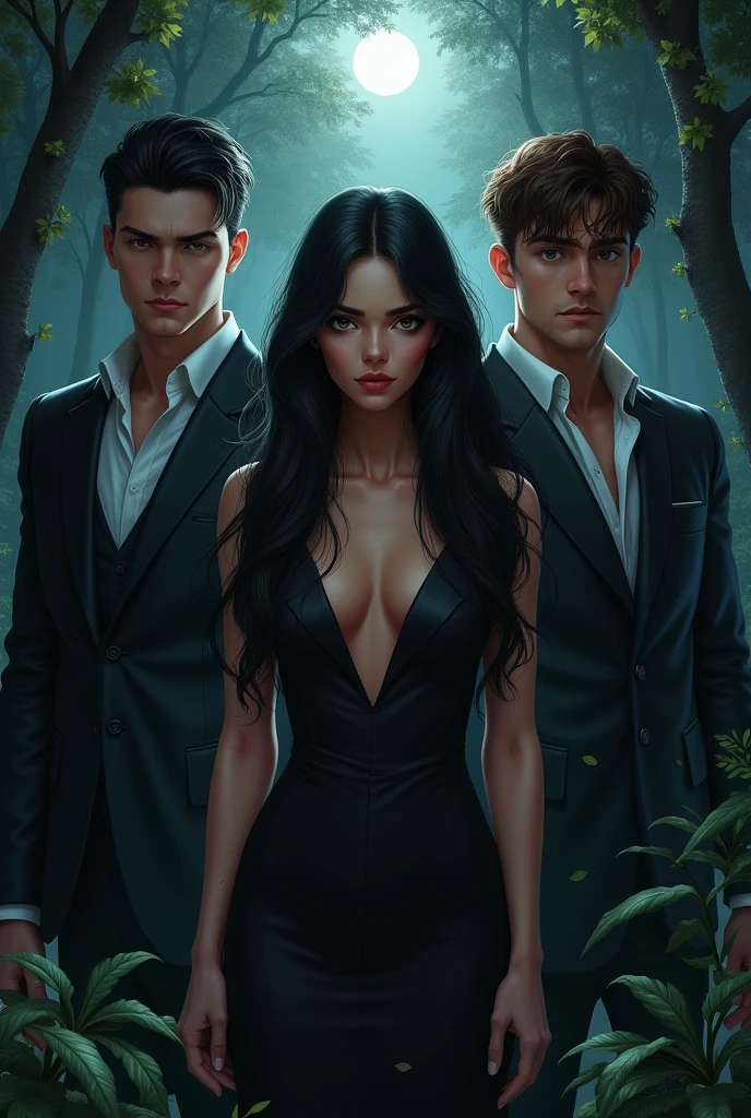 I want an image of a beautiful girl with long black hair and dark brown eyes in the dark forest at night, in the background of the forest and next to the girl is a very handsome white-skinned man., Tall and muscular, with his black hair and wearing an elegant suit, and on the other side of the girl is a handsome, muscular, tall guy with brown hair, dressed casually.