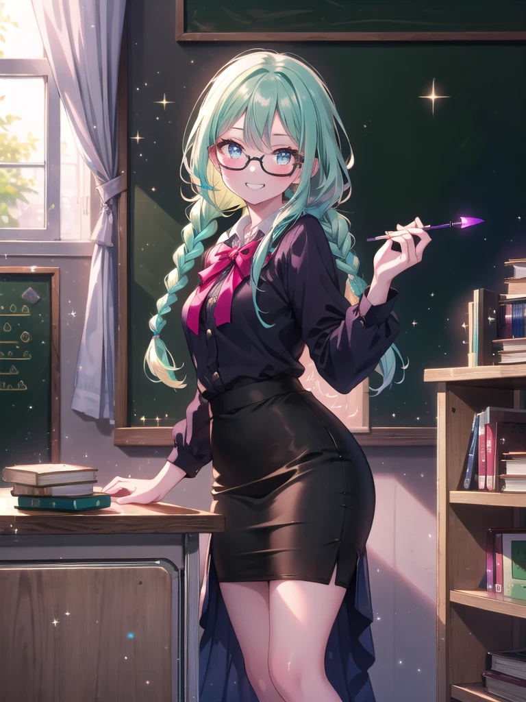 ((8k, Highest quality, masterpiece: 1.3)),Ultra-high resolution,(1 girl, alone), (Color changing eyes, Ultra-detailed, Expressive brilliance, Glitter, Glowing Eyes), Highly detailed eyes, Highly detailed face, Random Hair, ((pastel colour)),A lively young woman with pastel mint-green hair styled into twin braids, standing by her desk in her softly lit bedroom during a quiet afternoon. She is dressed in a modest yet subtly sexy schoolteacher cosplay, wearing a knee-length pencil skirt, a tucked-in blouse, and a pair of stylish glasses. The camera captures her from a frontal angle as she holds a chalkboard pointer with a playful grin, her expression full of warmth and approachability. The room is warmly lit by the afternoon sun, with a small bookshelf filled with books, a chalkboard on the wall, and a welcoming, educational atmosphere, (nsfw:1.2)