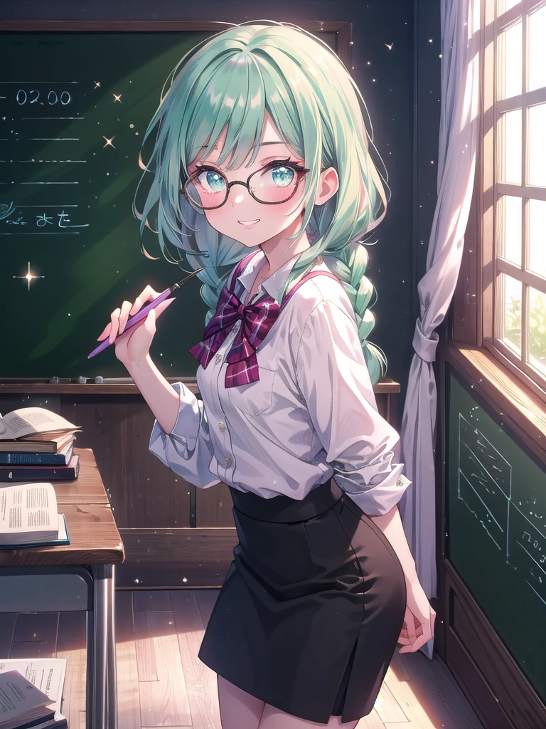 ((8k, Highest quality, masterpiece: 1.3)),Ultra-high resolution,(1 girl, alone), (Color changing eyes, Ultra-detailed, Expressive brilliance, Glitter, Glowing Eyes), Highly detailed eyes, Highly detailed face, Random Hair, ((pastel colour)),A lively young woman with pastel mint-green hair styled into twin braids, standing by her desk in her softly lit bedroom during a quiet afternoon. She is dressed in a modest yet subtly sexy schoolteacher cosplay, wearing a knee-length pencil skirt, a tucked-in blouse, and a pair of stylish glasses. The camera captures her from a frontal angle as she holds a chalkboard pointer with a playful grin, her expression full of warmth and approachability. The room is warmly lit by the afternoon sun, with a small bookshelf filled with books, a chalkboard on the wall, and a welcoming, educational atmosphere, (nsfw:1.2)