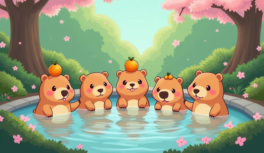 The image must be in anime style, six very cute capybaras are taking a bath in a hot spring. In the background there is a beautiful forest during a beautiful day. Six capybaras, one of them has three tangerines on its head and one has a runny nose. There are some cherry trees and leaves are falling into the water.