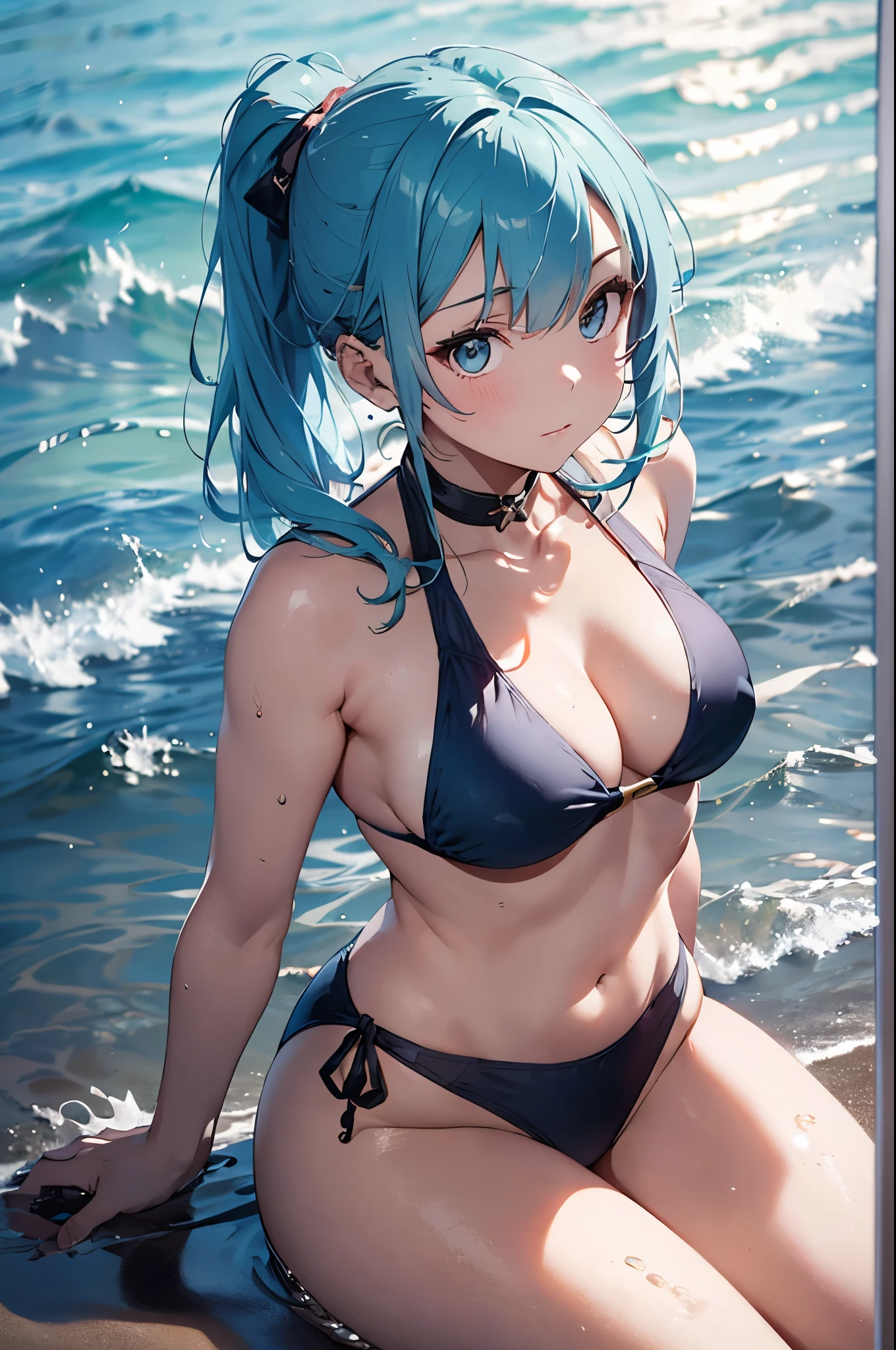 4K,8k,High resolution,topless、
One beautiful young woman,Light blue hair、ponytail、Blue swimsuit、
(Soft Saturation:1.3), (Fair skin:1.2),
(ultra-Detailed Background, Detailed Background), Bokeh,
break'Smiling portrait.,
When viewed from the front, The composition is symmetrical,
Looking straight at you with serious eyes,
break Swimwear, White Bikini, Center of chest,
Outdoor, Sea surface, null, sunlight,Summer beach, Sandy Beach,
Strong light, Front lighting,
(:1.3), (Cowboy Shot:1.2),
Front brake angle,
View your viewers,
Dynamic pose,
sitting on the beach
Seaweed、Seaweed、Seaweed、Seaweed、Seaweed、Seaweed、Seaweed、