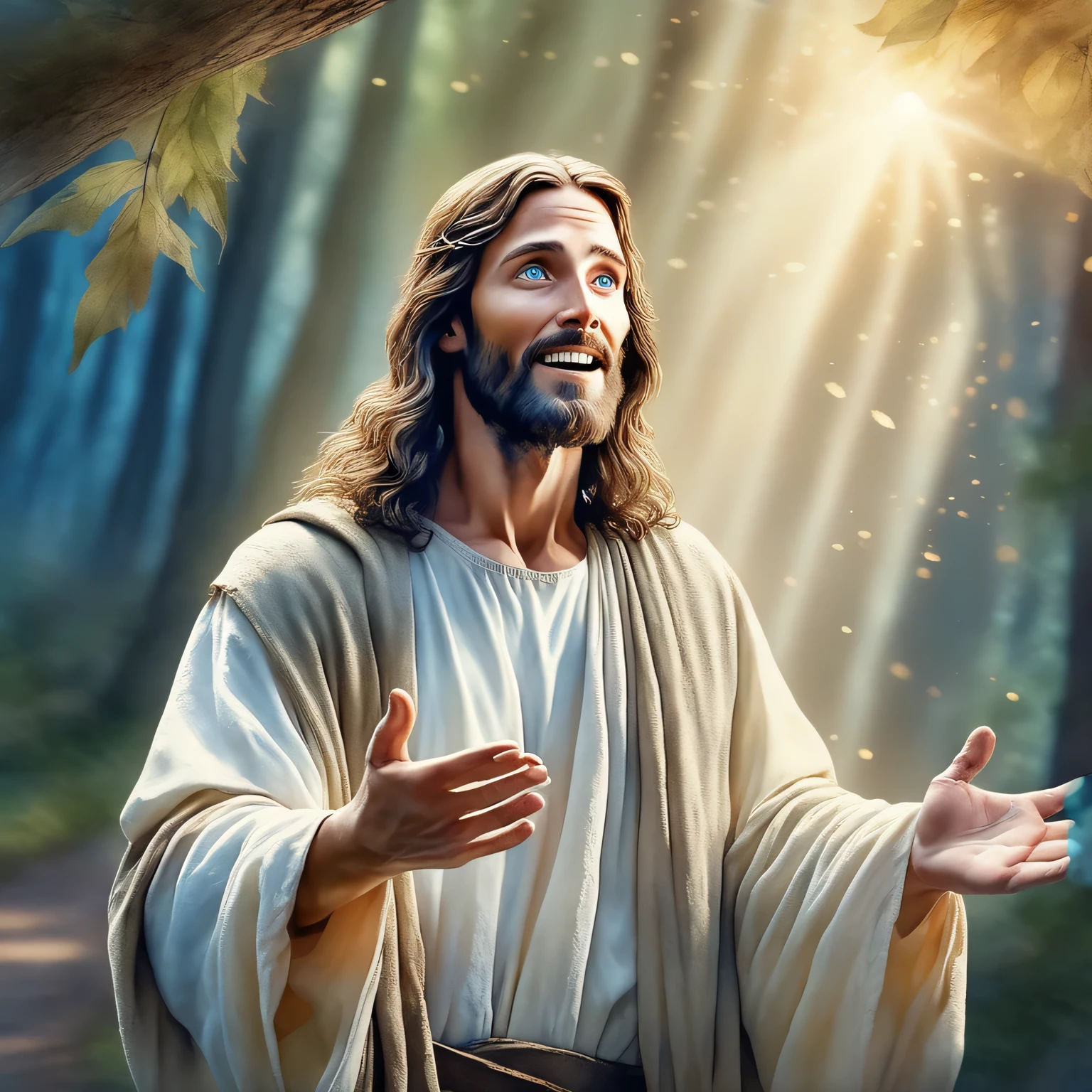 Close-up of an image of Jesus Christ praying and blessing, perfect, reslística, Biblical setting, heavenly scenery, ultra realistic sun and clouds, flowers and candles, Jesus illuminated from heaven, Background passes, floral flowers colorful, burning candles
