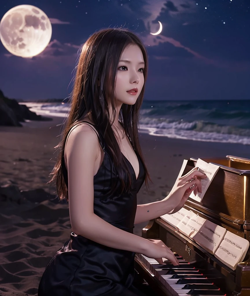 Woman playing piano on the beach at night、moonlight、Crescent Moon、Wave、dress、Splash,look up, Notes in the sky, (Highest quality,Super detailed,Ultra-high resolution, The absolute solution,8k, masterpiece),