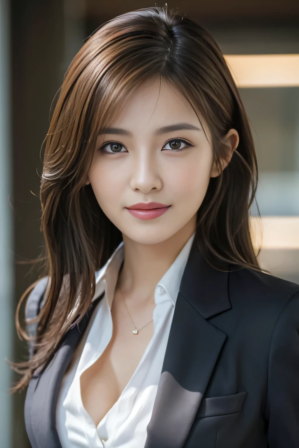 Tabletop, Highest quality, Realistic, Very detailed, finely, High resolution, 8k wallpaper, One beautiful woman,, Light brown messy hair, Wear a business suit, Sharp focus, Perfect dynamic composition, Beautiful and detailed, Thin Hair, Detailed Realistic skin texture, smile, Close-up portrait, Model body type