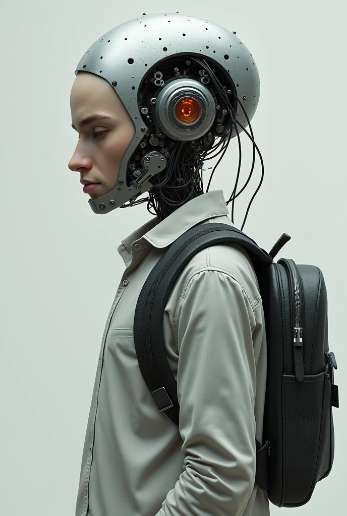 As a robot wearing human clothes with a backpack, featuring a human face that is male, and only my robot head is visible.
