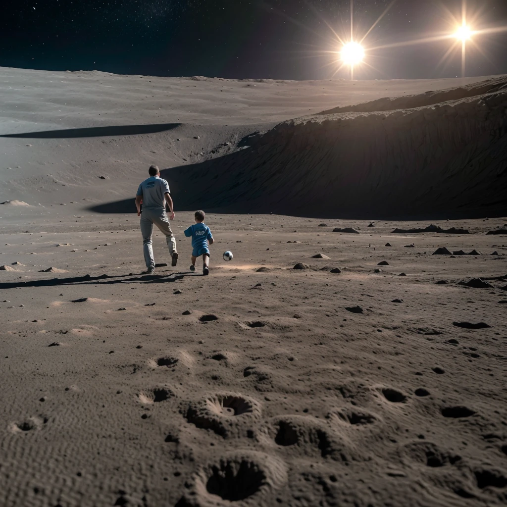 Image of a father with his son running after a soccer ball on a field inside a crater on the surface of the moon, which is being illuminated by the sun.

Kicking the soccer ball like the one used in men's soccer matches in Brazilian soccer championships. 