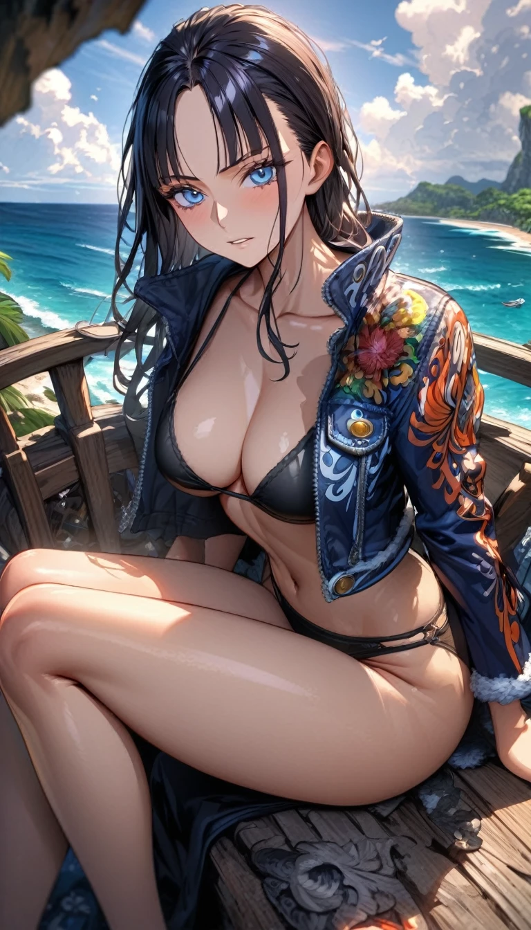 masterpiece)),((Highest quality)),High resolution,Highly detailed CG,Perfect lighting,8k wallpaper、One Woman, alone、Very large breasts、Very large breasts、very thick legs、Looking into the camera、Proudly、grin、Captivating smile,hat、Highly wrinkled, shiny clothing that reflects light, latex, Fits perfectly against the skin、Bright seaside