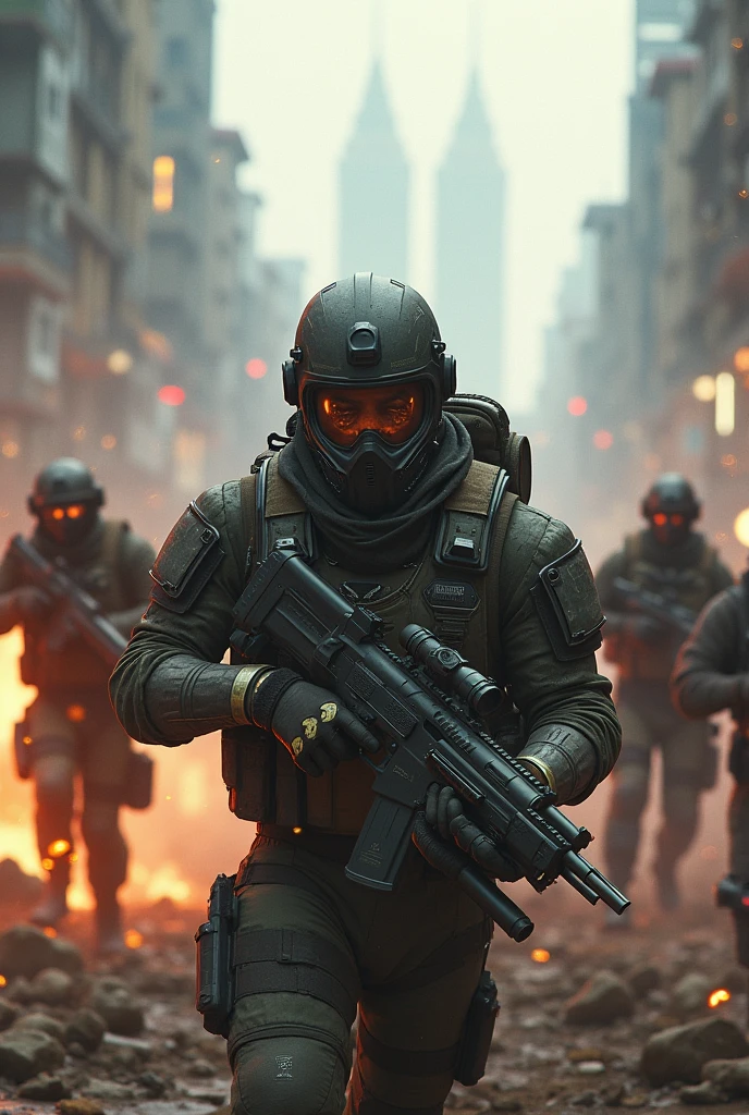 Can you make me a Warzone character surrounded by a lot of people?