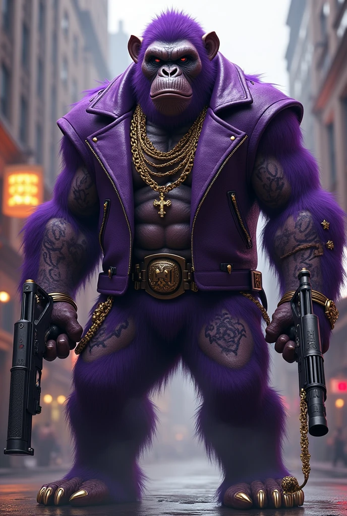 Purple Ape, With giant and high-caliber weapons, with CLOTHES Affliction with chains, tattooed, with huge diamond and gold rings, smoking with a pipe