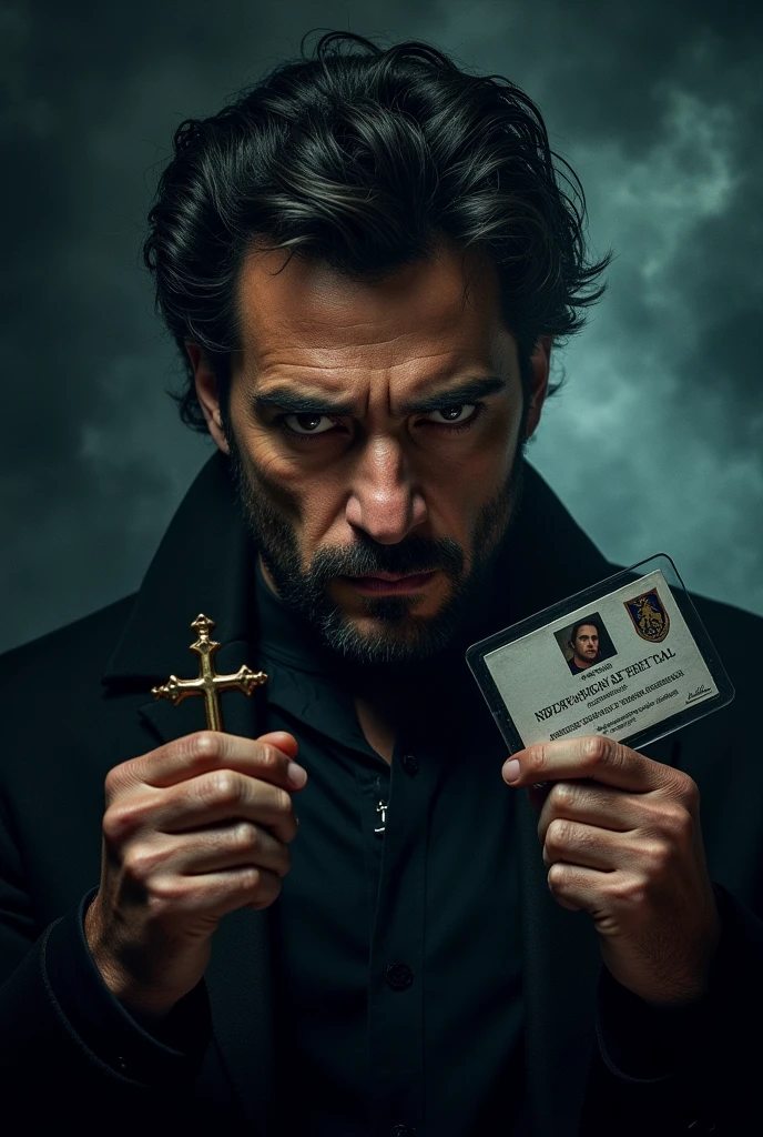 Movie poster for Constantine with Pablo Marçal's face and a cross in one hand and a work ID in the other.