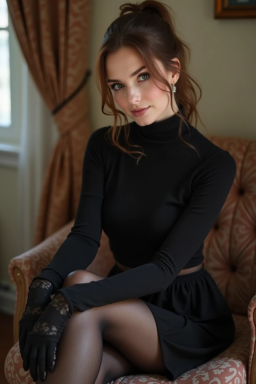 brown hair color、hair pulled back、ponytail、cute face、 she wears a turtleneck and a skirt.、black pantyhose、sitting on a chair、crossed legs、Wearing black lace gloves、wearing  boots、adult german woman、full body portrait、indoor.、