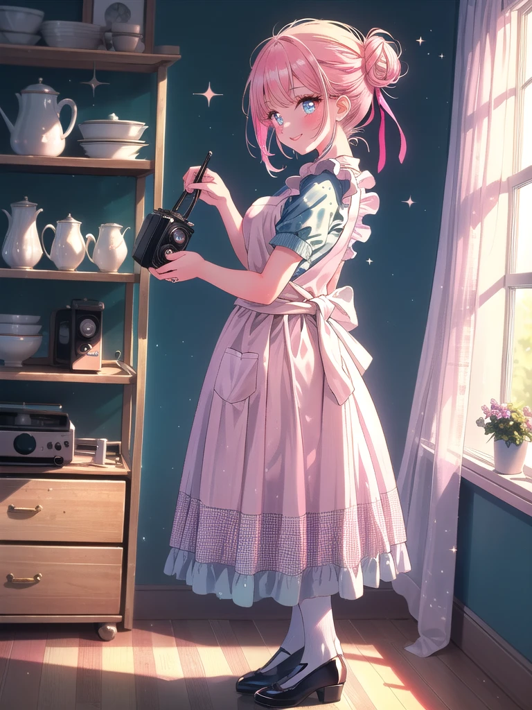 ((8k, Highest quality, masterpiece: 1.3)),Ultra-high resolution,(1 girl, alone), (Color changing eyes, Ultra-detailed, Expressive brilliance, Glitter, Glowing Eyes), Highly detailed eyes, Highly detailed face, Random Hair, ((pastel colour)),A beaming young woman with pastel pink hair styled into a messy bun, standing near her closet in her brightly lit bedroom during a sunny afternoon. She is dressed in a sweet yet subtly sexy 1950s housewife cosplay, wearing a polka-dotted dress with a fitted waist, an apron tied around her waist, and a pair of kitten heels. The camera captures her from a side angle as she adjusts her apron with a playful smile, her expression full of vintage charm and delight. The room is filled with natural light, with a few retro kitchen accessories on a nearby shelf, a small radio playing in the background, and a nostalgic, homely atmosphere, (nsfw:1.2)