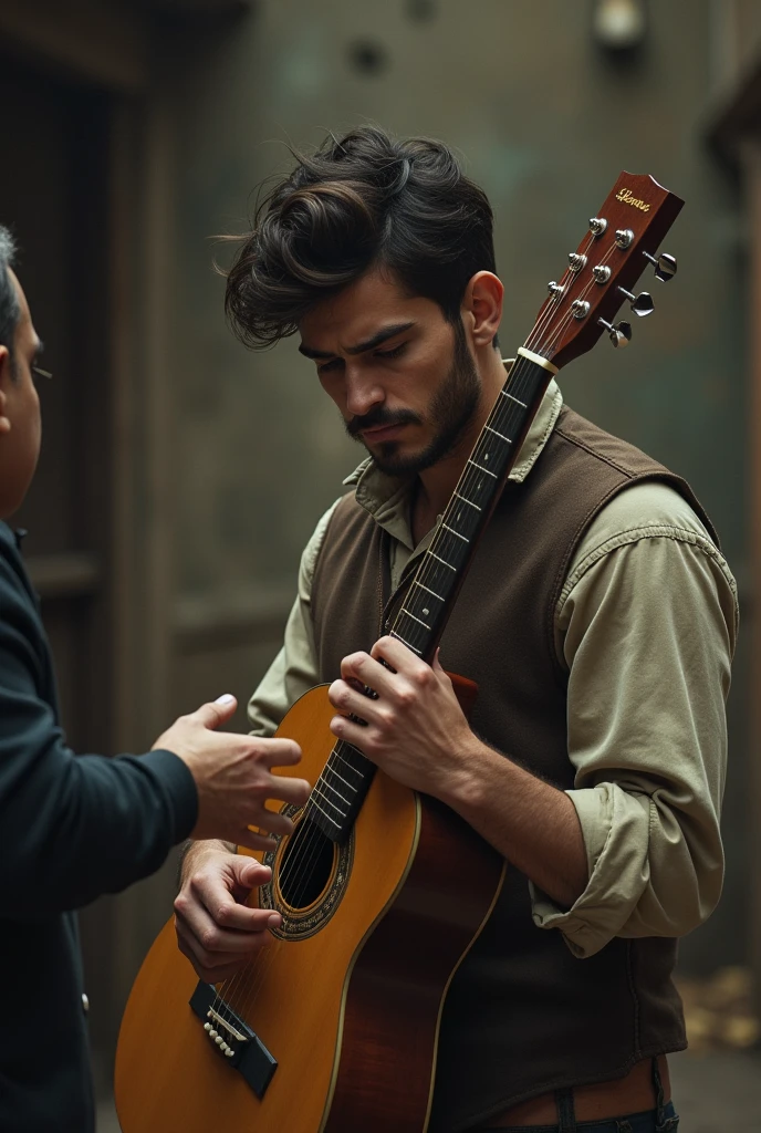 A young man hands his guitar to a merchant. The scene shows the sadness and resignation of the protagonist, Who is holding the guitar with both hands, while the merchant extends his to receive it. The protagonist's expression should reflect his emotional attachment to the instrument.