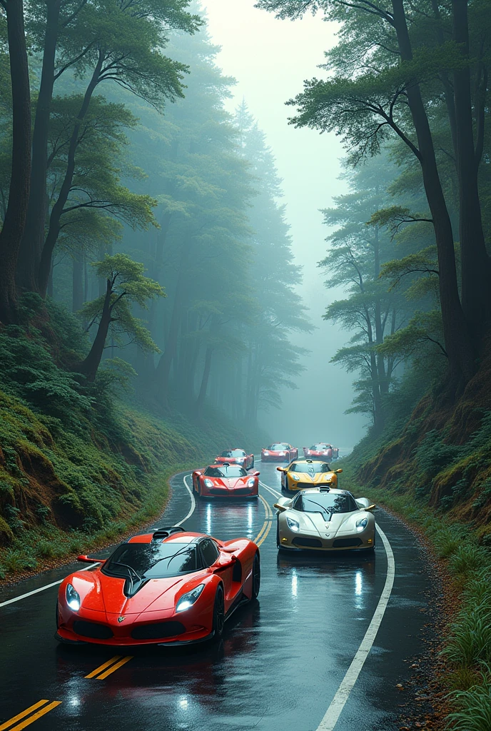 8k, hyper detailed, trippy and shapeshifting landscape, realistic,  Trippy futuristic sportcars driving in a washington highway, full of trees


