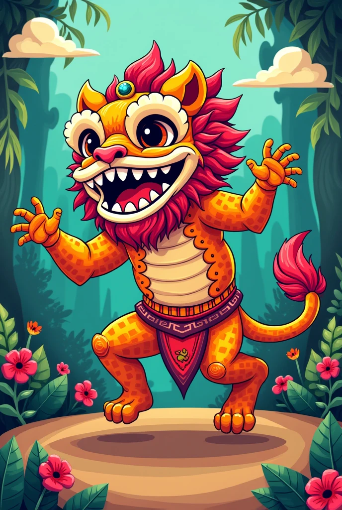 Can you illustrate barong dance indonesia in cartoonish style headed sideways